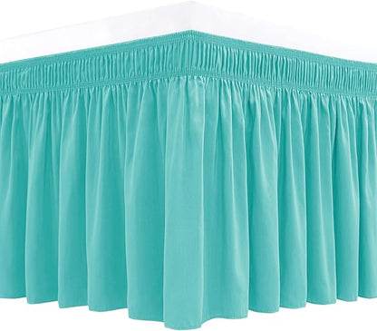Biscaynebay Wrap Around Bed Skirts for Queen Beds with Short Drop of 12", Aqua Adjustable Elastic Dust Ruffles Easy Fit Wrinkle Resistant Silky Luxurious Fabric Machine Washable