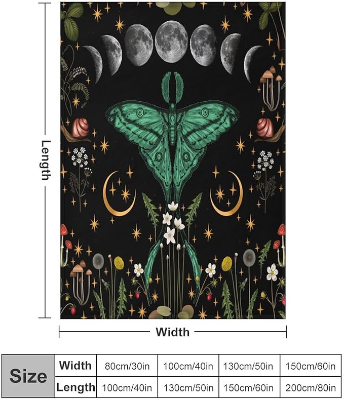 Moon Phase Moth Blanket, Vintage Botanical Mushroom Wildflower Gothic Night Moonlit Mysterious Witchy Throws Blanket for Sofa Bed Couch Chair, 30"x40"