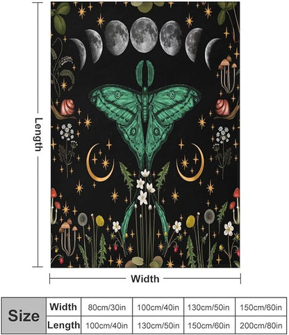 Moon Phase Moth Blanket, Vintage Botanical Mushroom Wildflower Gothic Night Moonlit Mysterious Witchy Throws Blanket for Sofa Bed Couch Chair, 30"x40"