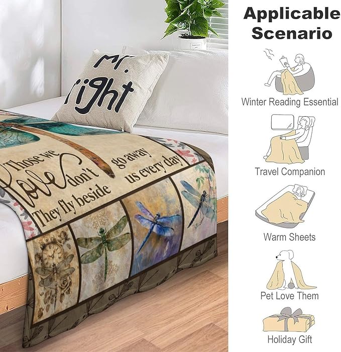 Dragonfly Print Blanket Dragonflies Memorial Throw Blankets Gifts for Couch Sofa Bed Stuff Decor Lightweight Soft Cozy Plush Warm Flannel for Lover Men Women Adults 50"x60"