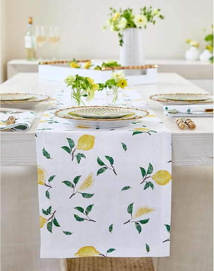 Solino Home Lemon Print Table Runner 48 inch - 100% Pure Linen Table Runner 14 x 48 Inch - Machine Washable - Botanical Lemon/White Print