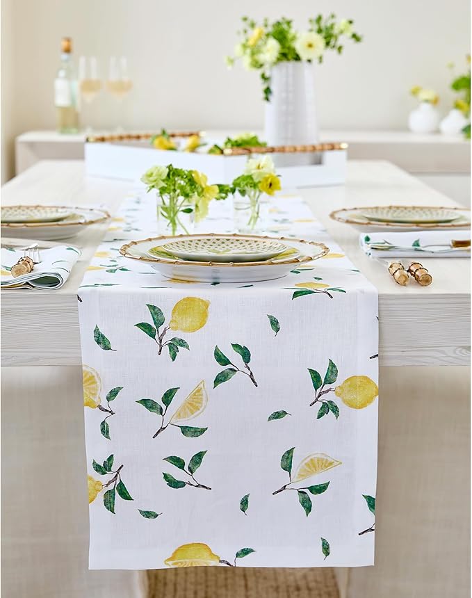 Solino Home Lemon Print Table Runner 108 Inches Long - 100% Pure Linen Table Runner 14 x 108 Inch - Machine Washable - Botanical Lemon/White Print