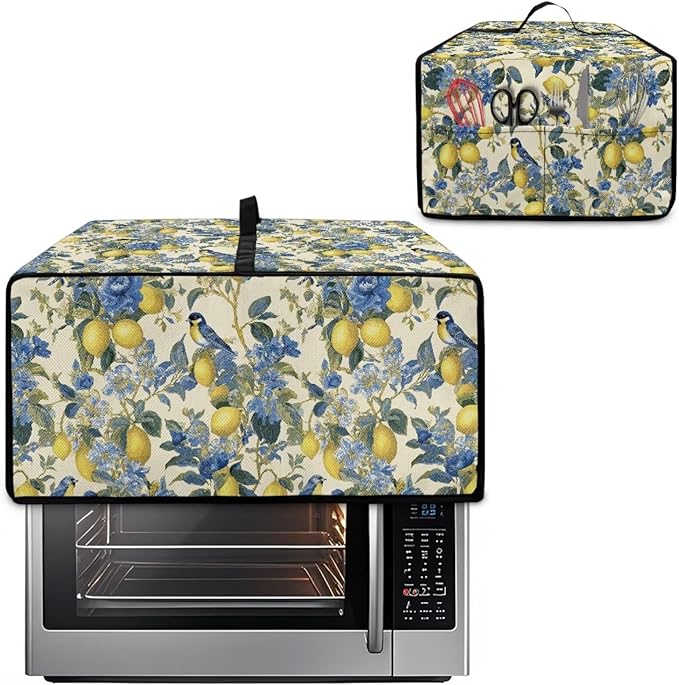 Lemon Floral Robin Bird Print Microwave Oven Dust Cover Heavy Duty Microwave Oven Grill Cover Dustproof Kitchen Machine Covers Case Protections for Toaster Oven, L