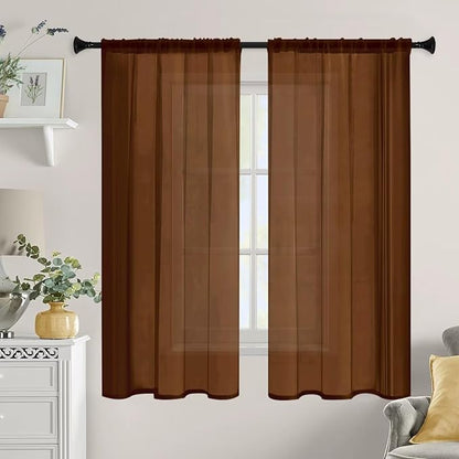 Sheer Curtains 84 Inches Long 2 Panels, Rod Pocket Short Curtain for Kitchen, Bedroom, Cafe Window(Brown 38" W x 84" L)