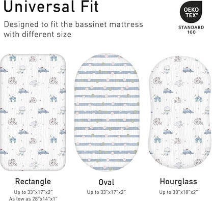 Muslin Bassinet Fitted Sheets, 2 Pack for Baby Boy and Girl, Soft Breathable Baby Pad/Mattress Sheet, Fit for Hourglass Oval and Rectangle Bassinet Mattress (Cute Cars)