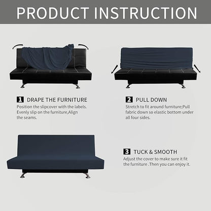 Easy-Going Stretch Futon Slipcover Armless Futon Bed Cover Furniture Protector Without Armrests with Elastic Bottom for Kids, Soft Jacquard Fabric Small Checks (Large, Dark Blue)