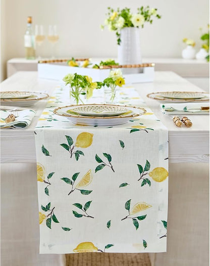 Solino Home Lemon Print Table Runner 90 Inches Long - 100% Pure Linen Table Runner 14 x 90 Inch - Machine Washable - Botanical Lemon/Off White Print