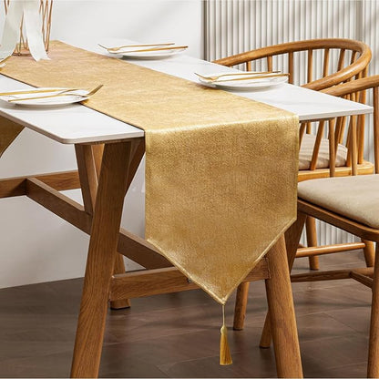 BALCONY & FALCON Gold Table Runner Lustrous Linen 14"x118" Water Resistant Washable Vintage Rustic Tassels Runner for Table, Dining, Party, Wedding, Birthday, Easter, Thanksgiving, Christmas Décor