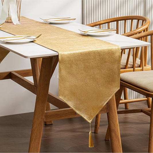 BALCONY & FALCON Gold Table Runner Lustrous Linen 14"x118" Water Resistant Washable Vintage Rustic Tassels Runner for Table, Dining, Party, Wedding, Birthday, Easter, Thanksgiving, Christmas Décor