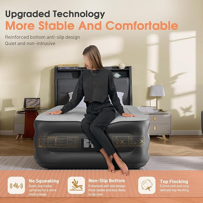 Twin Air Mattress with Built in Pump,18''Inflatable Mattress 2 Mins Self-Inflation/Deflation,XL-Long Blow up Mattress Thicker,Flocked Top Air Bed with Storage Bag for Home, Camping & Guests