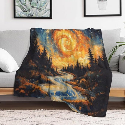 Magic Forest Blanket, Abstract Art Oil Painting Dreamworld River Jungle Sunset Pattern Soft Warm Cozy Plush Flannel Covers for Livingroom Bedroom Couch Chair Camping Travel Home Decor Tapestry 50x60in