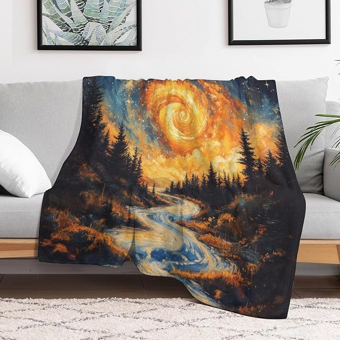 Magic Forest Blanket, Abstract Art Oil Painting Dreamworld River Jungle Sunset Pattern Soft Warm Cozy Plush Flannel Covers for Livingroom Bedroom Couch Chair Camping Travel Home Decor Tapestry 30x40in