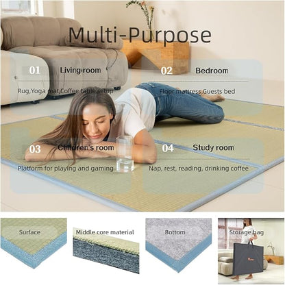 MustMat Tatami Mat Japanese Foldable Mattress Full Size Japanese Floor Bed Mattress Rush Grass (Full)