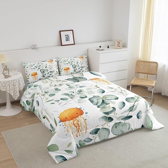Erosebridal Kawaii Jellyfish Full Size Comforter Set for Boys Girls Cartoon Animal Bedding Set, Eucalyptus Leaves Down Comforter Ocean Wildlife Bed Set, Tropical Botanical Plants Quilted Duvet