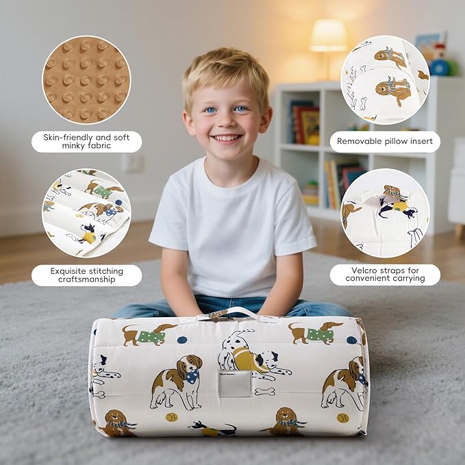 david's kids Minky Toddler Nap Mat with Pillow and Minky Fleece Blanket, Ultra Soft Slumber Bags for Kids, Perfect for Preschool, Daycare, Kids Sleeping Bags with Rollup Design, 50"x20", Dog