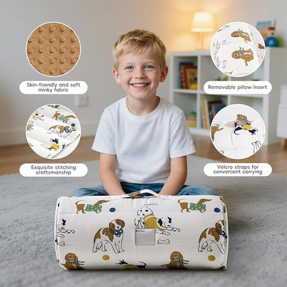 david's kids Minky Toddler Nap Mat with Pillow and Minky Fleece Blanket, Ultra Soft Slumber Bags for Kids, Perfect for Preschool, Daycare, Kids Sleeping Bags with Rollup Design, 50"x20", Dog