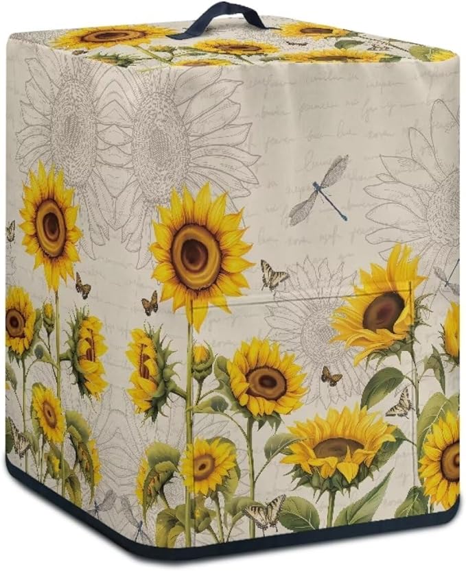 Air Fryer Cover Kitchen Appliance Cover with Top Handle and Accessories Pockets Stain Resistant Washable Ideal Gift for Women Wife, Sunflower Dragonfly Retro