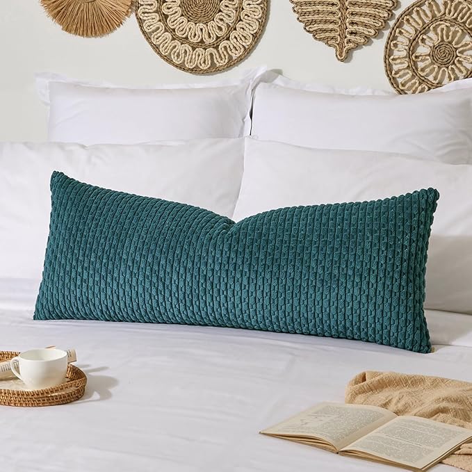 Kevin Textile 14x36 Inch Long Lumbar 1 Pack Boho Decorative Throw Pillow Cover Soft Striped Corduroy Rectangle Cushion Case Farmhouse Solid Color Accent for Living Room Couch Sofa Bed, Teal Blue