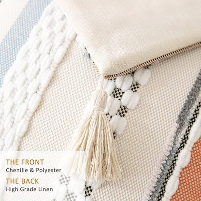 Boho Throw Pillow Covers 18x18 Set of 2 Woven Tufted Farmhouse Pillows Cover with Tassels Textured Striped Cushion Case Neutral Pillow Cases Decorative Pillowcase for Couch,Orange Blue