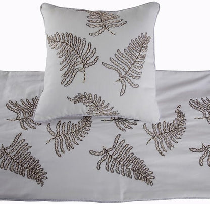 The HomeCentric White Bed Runner Without Pillow Cover, Full Size 68"x18" Decorative Bed Runner, White Linen Bed Scarf in Fern Embroidery & Pearl - Fern Blossom