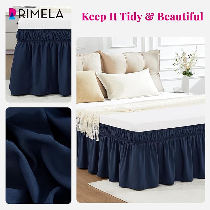 RIMELA Navy Blue Bed Skirt King Size 18 Inch Drop, Elastic Bed Skirting for Bed Base and Frame, Bedding Dust Ruffle Easy to Install, Lightweight Wrap Around Adjustable Bedskirt