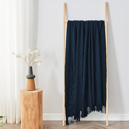 inhand Knitted Throw Blankets for Couch and Bed, Soft Cozy Knit Blanket with Tassel, Dark Blue Lightweight Decorative Blankets and Throws, Farmhouse Warm Woven Blanket for Men and Women, 60"x80"