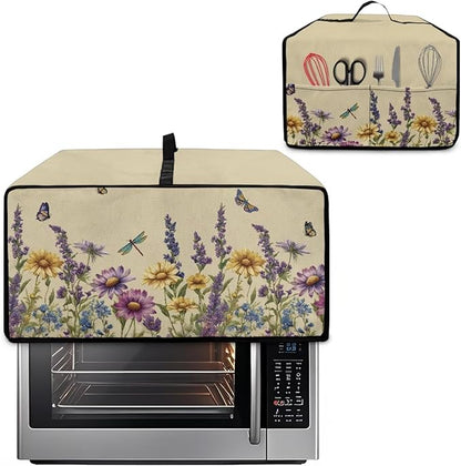 Convection Toaster Oven Cover with Side Pockets, Dust-Proof Smart Microwave Oven Protector for Countertop Decorations, M, Floral Butterfly Dragonfly