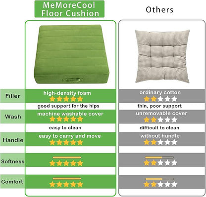 MeMoreCool Square Floor Pillow Seating for Adults Kids, Large Meditation Cushion Floor Pillow with Thick Foam & Soft Tufted Cover, Washable Big Pillow Seat Floor Cushion for Sitting Yoga 24" Green