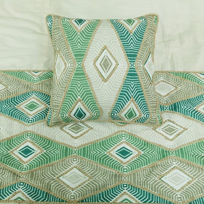 The HomeCentric King/Queen/Twin Green Designer Twin 53"x18" Bed Runner with Pillow Cover, Aztec, Jute Embroidery, Quilted, Tassels, Jute, Moroccan & Tribal Bed Scarf on Cotton Fabric - Chantico
