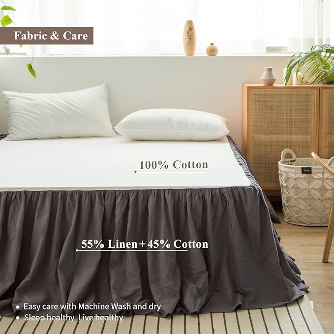 BISELINA French Linen Bed Skirt with Pleated Frills 22-Inch Tailored Drop Natural Flax Cotton Blend Dust Ruffle Soft Cozy Farmhouse Bedding (22" King, Ruffle Dark Grey)