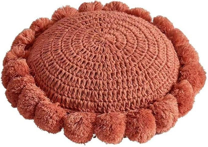 Boho Round Throw Pillow with Pom Poms Fringe Tassels, Bohemian Cute Decorative Circular Pillow with Knitted Texture for Sofa Chair, Acrylic Diameter 18 inches, Orange