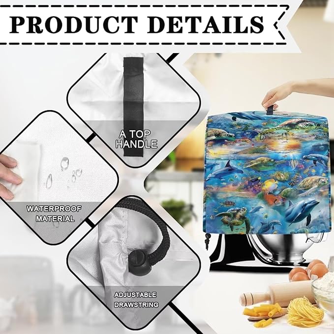 Ocean Dolphin Turtle Print Mixer Cover Stand Mixer Dust Proof Covers with Handle and Front Pockets Kitchen Aid Mixer Cover for 4.5-5 Qt Mixer,Kitchen Coffee Maker Toaster Machine Dust Cover