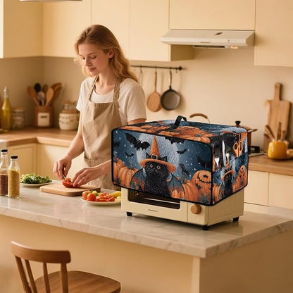 Bat Cat Pumpkin Moon Print Toaster Oven Cover Dust-Proof Microwave Oven Grill Cover Protector with Top Handle Reusable Reusable Kitchen Accessories for Halloween Decor, L
