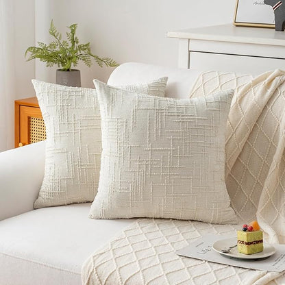 Decorative Throw Pillow Covers 22x22 Inch Set of 2, Thick Solid Farmhouse Chenille Couch Pillows, Spring Pillow Covers for Couch Sofa Bed Living Room Home Decor Pillowcase,White