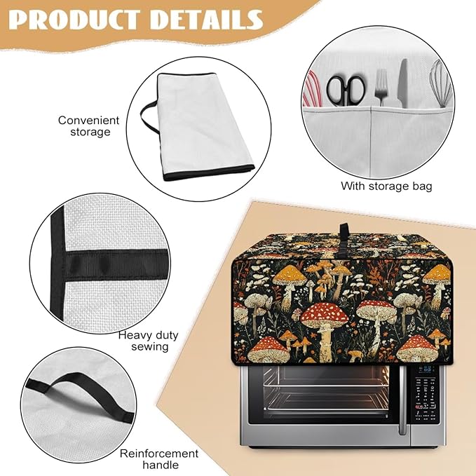 Dustproof Toaster Oven Cover Polyester-Linen Fabric Microwave Oven Dust Cover Foldable Kitchen Appliance Protector Dirt and Fingerprint Protection, Vintage Mushroom Plant Print, L