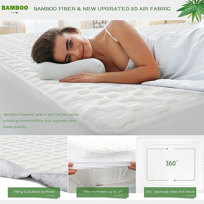 GRT King Size Waterproof Mattress Protector Rayon Bamboo - 3D Air Fiber Cooling Mattress Protector Cover, Breathable Mattress Pad Noiseless 8''-21'' Deep Pocket Machine Washable
