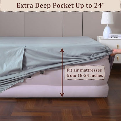 Fitted Sheet for Full Size Air Matress, with 18-24 Inch Extra Deep Pocket, Soft Breathable Air Mattress Sheet Cover for Inflatable Bed, Grey