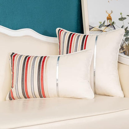 Yangest Red Striped Patchwork Throw Pillow Cover Silver Leather Cushion Cover Zippered Pillowcase for Sofa Couch Bedroom Living Room Home Decoration,18x18 Inch