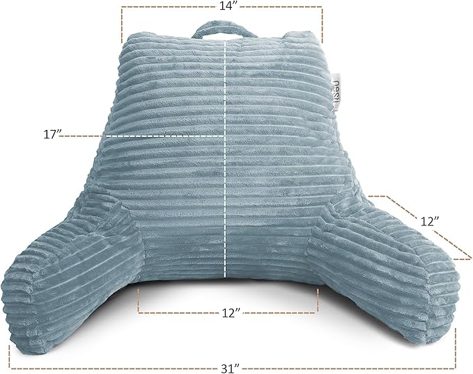 Nestl Reading Pillow with Shredded Memory Foam, Luxe Cut Plush Back Pillow for Sitting Up in Bed, Back and Arms Adjustable Support for Adult & Teens, Backrest Pillows with Washable Cover Stone Blue