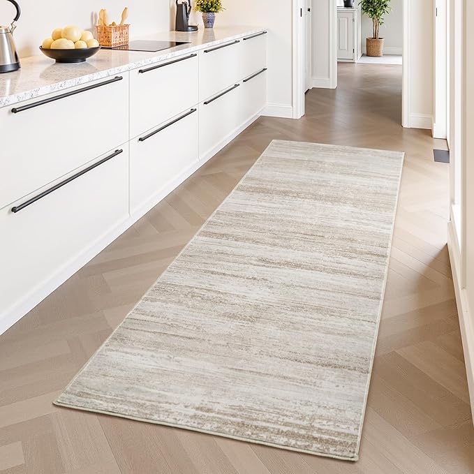 PADOOR Modern Abstract Runner Rug - 2x10 Washable Hallway Rugs, Ultra Soft Non-Slip Low Pile Floor Rugs for Hallway Entryway Kitchen Bedroom Bedside Laundry Room Brown