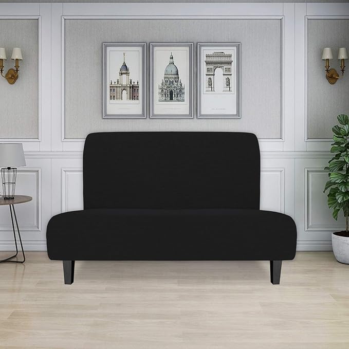 Easy-Going Stretch Futon Slipcover Armless Futon Bed Cover Furniture Protector Without Armrests with Elastic Bottom for Kids, Soft Jacquard Fabric Small Checks (Medium, Black)