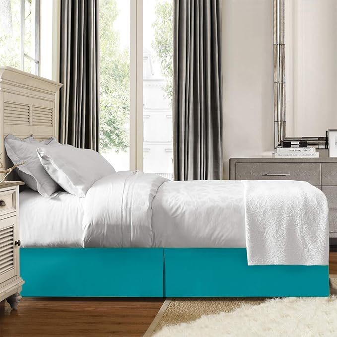 Bed Skirt - 100% Cotton 800 Thread Count Box Pleated Bed Skirt - Luxury Pleated Dust Ruffle, Hotel Quality Modern Bed Skirt, Easy Fit with 12 Inch Tailored Drop, King XL, Turquoise