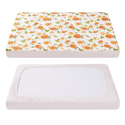 TILLYOU Pack and Play Sheet - Soft Quilted Crib Cover Pad, Toddlers Mattress Protector with 1''-3'' Deep Pocket, Thick Play Yard Playpen Sheets, Crib Mattress Pad, 39"x27", Orange Flavour