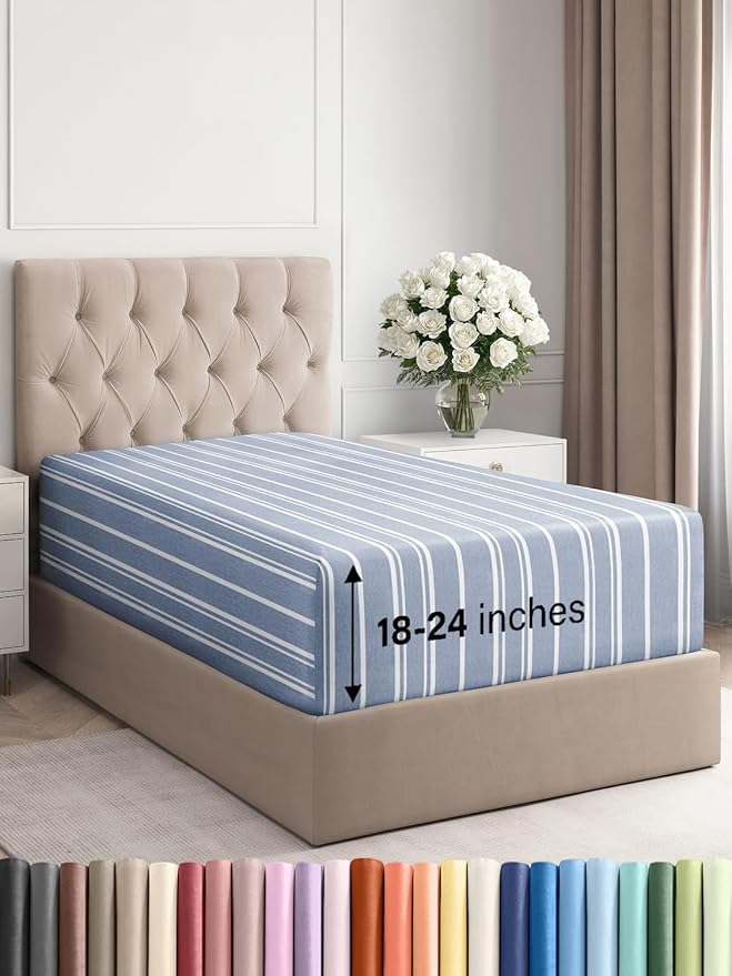 Extra Deep Twin Fitted Sheet - Hotel Luxury Single Fitted Sheet Only - Easily Fits 18 inch to 24 inch Mattress - Ultra Soft, Wrinkle Free with Extra Deep Pockets - Breathable & Comfy - Blue Stripes