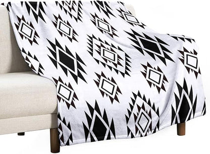 Boho Throw Blanket, Black and White Native Blankets, Vintage Tribal Aztec Printed Flannel Blanket for Chair Bed Sofa Couch 30"x40"