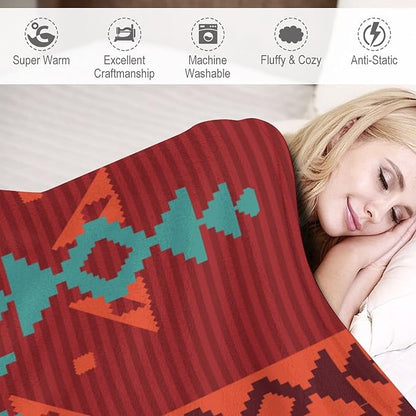 Aztec Throw Blanket, Red Native Southwestern Boho Blanket for Couch Bed Chair Outdoor Travel 30"x40"