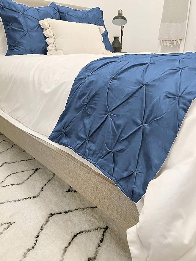 Bed Runner Set - 100% Pure Cotton 800 Thread Count - Luxury 1 Pinch Pleated Bed Runner and 2 Pillow Cover - 3 Piece Pinch Pleated Bed Runner Set Twin, Medium Blue