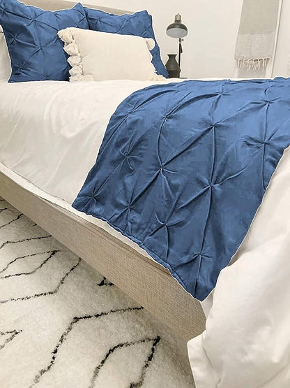 Bed Runner Set - 100% Pure Cotton 800 Thread Count - Luxury 1 Pinch Pleated Bed Runner and 2 Pillow Cover - 3 Piece Pinch Pleated Bed Runner Set Twin, Medium Blue
