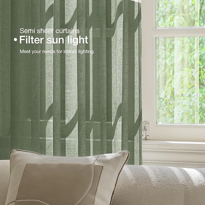 Anmao Natural Linen Curtains for Living Room 120 Inch Length 2 Panels Set, Light Filtering Semi Sheer Window Curtain Drapes for Bedroom with Curtain Rings and Clips, 52Wx120L, Olive Green