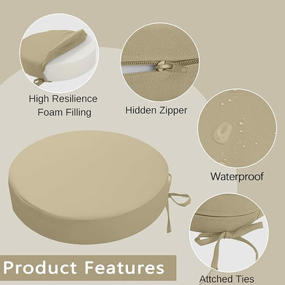 idee-home Outdoor Bistro Chair Cushions, 15”x15”x 3” Thick Outdoor Round Seat Cushions Set of 4 with Ties, Waterproof Round Patio Furniture for Garden